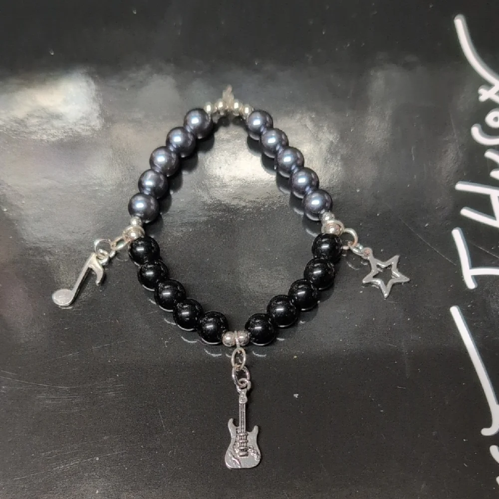 Black and Gray Beaded Rock And Roll Bracelet with Charms - Picture 1 of 4